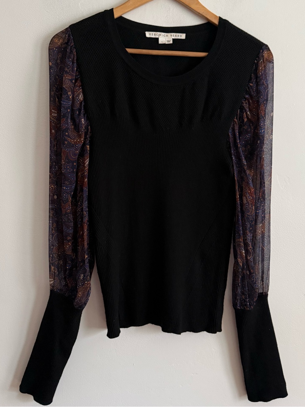 Veronica Beard Black Merino Wool Silk Paisley Sleeve Sweater Size L
